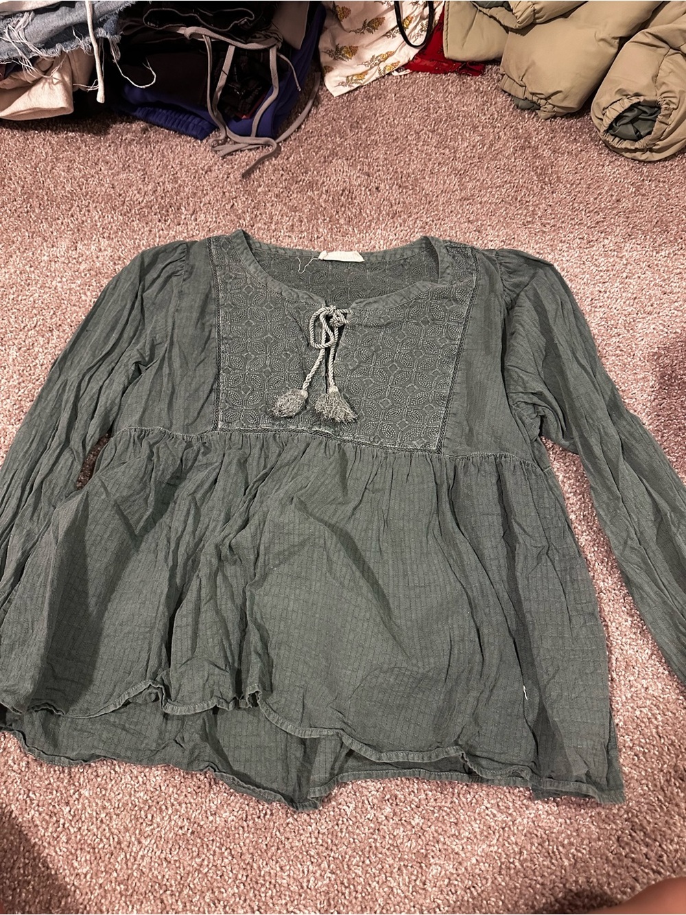 Lucky Brand Olive Green Long-Sleeve Peasant Tunic with Tassels
